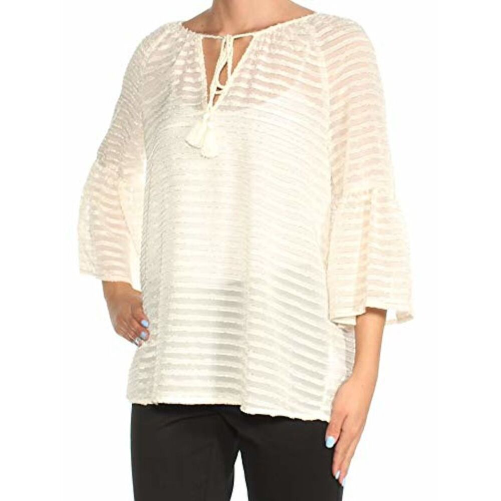 KENSIE Womens Ivory Textured Striped Bell Sleeve Keyhole Top Size: XS